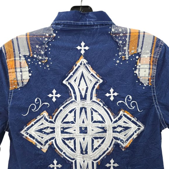 Affliction Snap Front Shirt Womens S Roll Tab 3/4 Sleeve Blue Cross Rhinestones - Picture 16 of 16